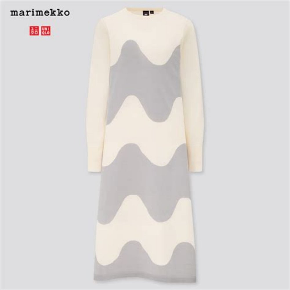 Marimekko x Uniqlo Merino Blend A-line Sweater Dress, Cream + Silver Waves, S
